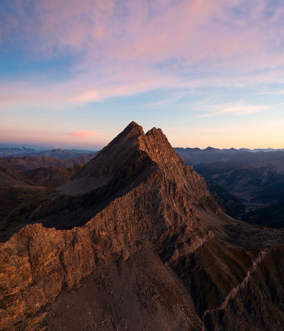 Aerial view of Crete de la Taillante at sunrise during summer, Col Agnel, Alpi Cozie, Cuneo, Provance, Piedmont, France, Italy, Southern Europe