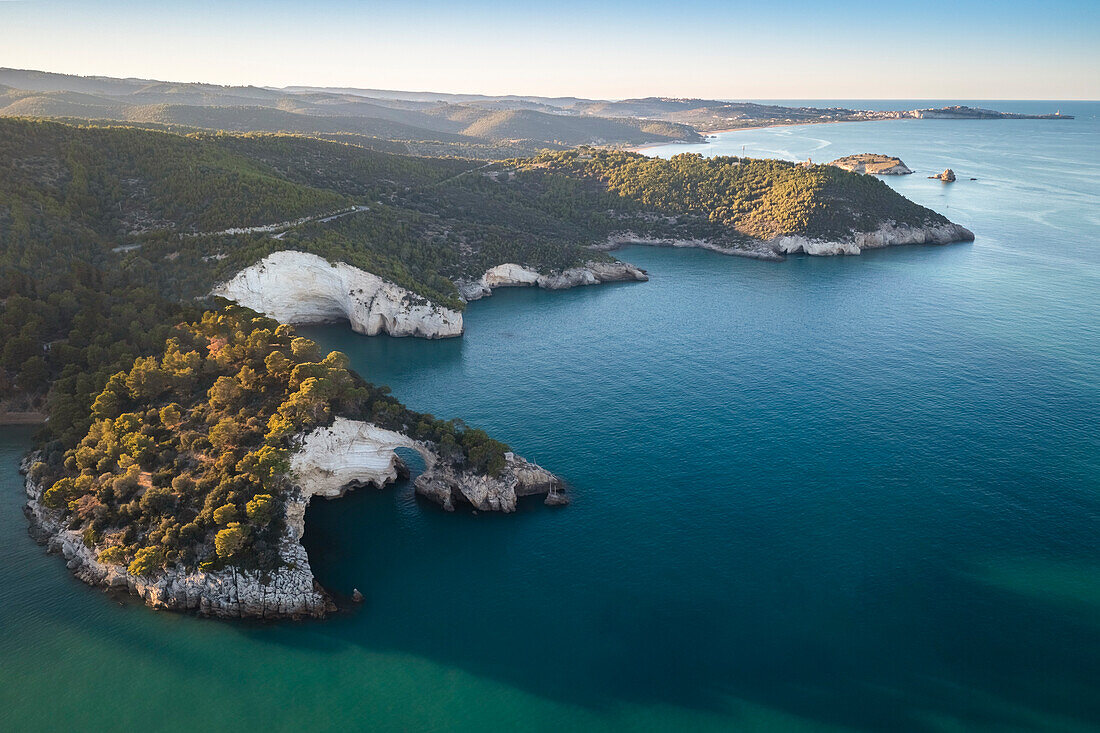 Aerial view of Arco di San Felice on the coast near Vieste. Gargano, Foggia district, Apulia, Italy.