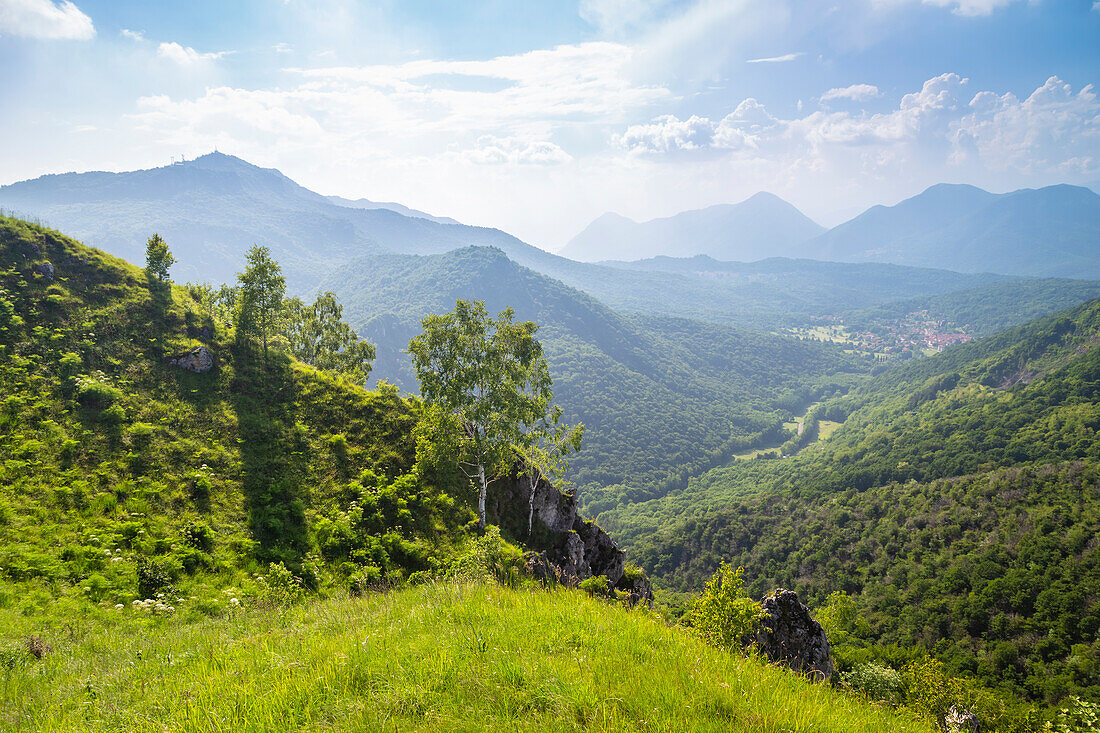 Panoramic view from the top of Monte Chiusarella towards Brinzio and Rasa valley, varesine prealps, Parco Regionale del Campo dei Fiori, Varese district, Lombardy, Italy.