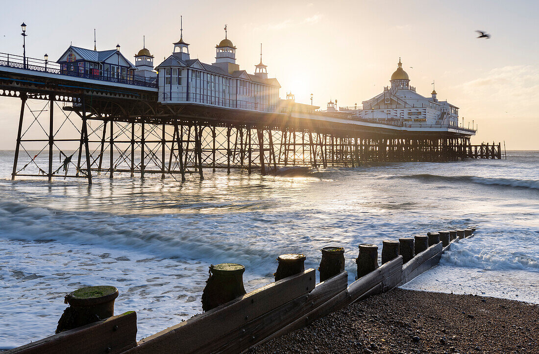 View of the Palace pier at sunrise. Brighton, East Sussex, Southern England, United Kingdom.