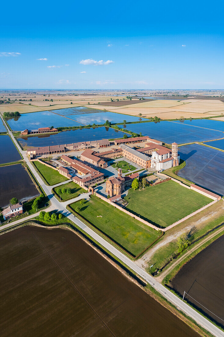 Aerial view of the Principality of Lucedio. Trino Vercellese, Vercelli district, Piedmont, Italy.