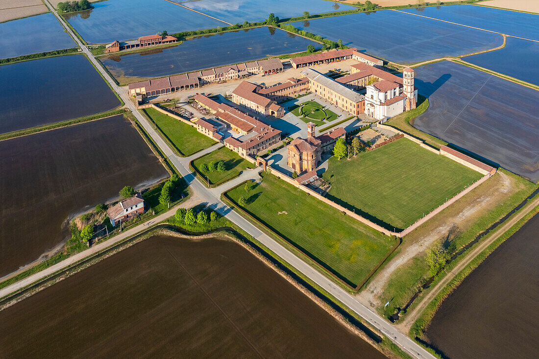 Aerial view of the Principality of Lucedio. Trino Vercellese, Vercelli district, Piedmont, Italy.