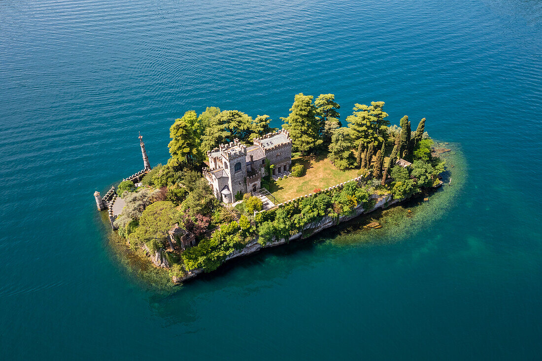 Aerial view of the Loreto Island on Iseo lake. Montisola, Brescia province, Lombardy, Italy, Europe.