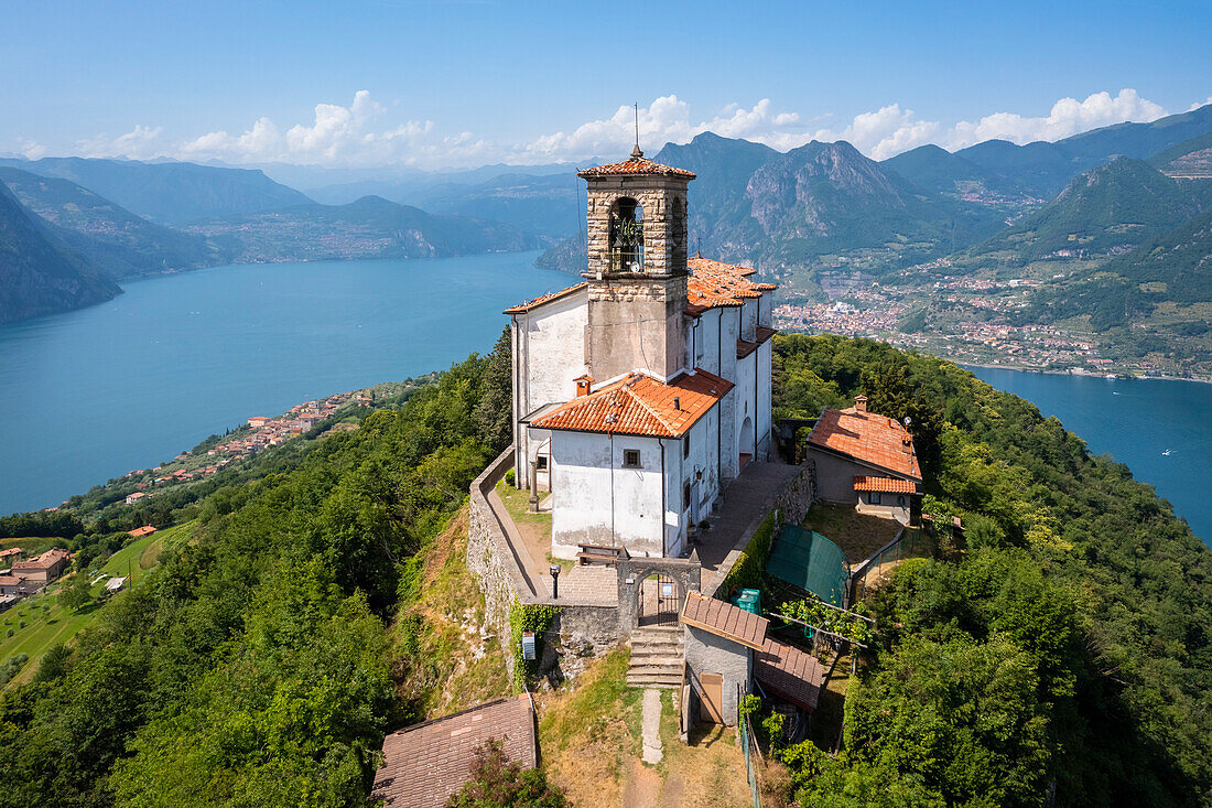 Aerial view of the Santuario della Madonna della Ceriola on top of Montisola, Iseo lake. Siviano, Montisola, Brescia province, Lombardy, Italy, Europe.