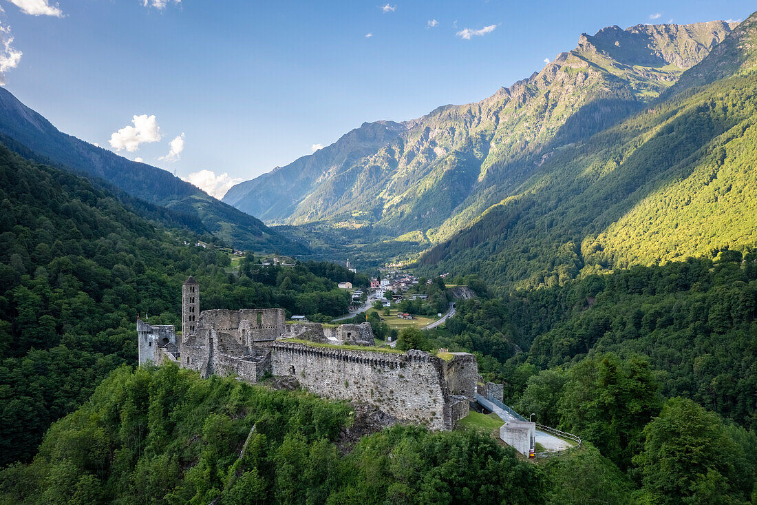 Aerial view of the ruins of Mesocco castle on the road to the San Bernardino Pass. Graubünden, Moesa district, Switzerland, Europe.