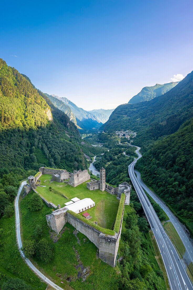 Aerial view of the ruins of Mesocco castle on the road to the San Bernardino Pass. Graubünden, Moesa district, Switzerland, Europe.