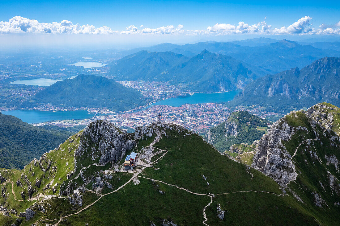 Aerial view of the top of Monte Resegone and Rifugio Azzoni. Lecco, Lombardy, Italy, Europe.