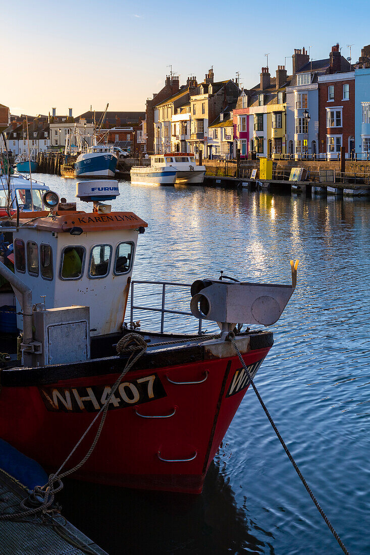 Morning view of the Weymouth harbor. Weymouth, Jurassic coast, Dorset, England, United Kingdom.