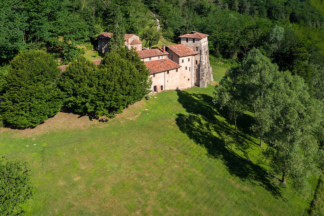 Aerial view of the benedictine Monastero di Torba, near Castelseprio, Gornate Olona, Varese Province, Lombardy, Italy.