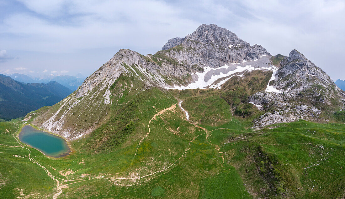 Aerial view of the Corna Piana mountain during spring time. Valcanale, Ardesio, Val Seriana, Bergamo district, Lombardy, Italy, Southern Europe.