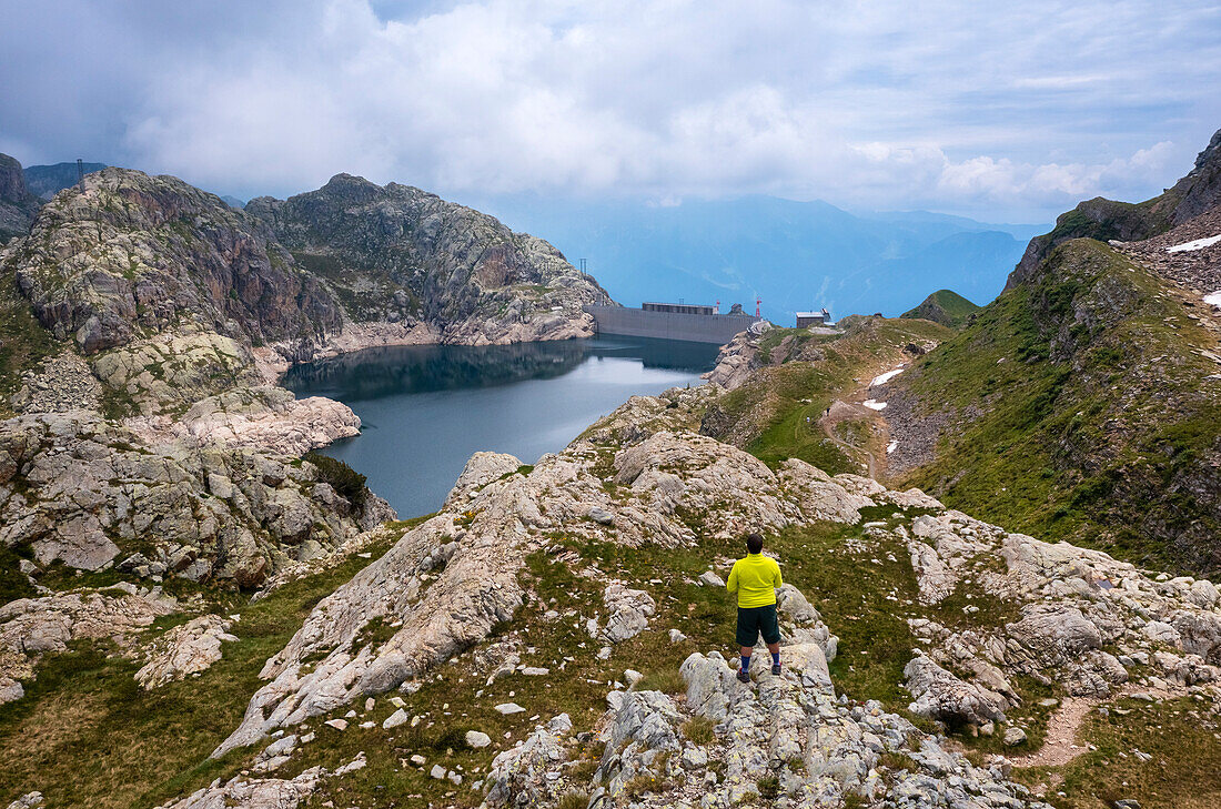 Aerial view of the Lago Nero during summer time. Valgoglio, Val Seriana, Bergamo district, Lombardy, Italy, Southern Europe.