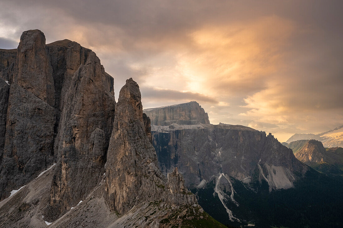Aerial view of the Sella Towers group during a summer sunrise from Sella Pass. Gardena Valley, Dolomiti, Unesco World Heritage Site, Bolzano district, Trentino Alto Adige, Italy, Europe.