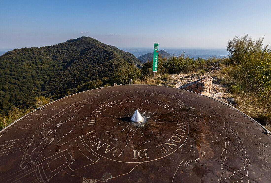 View of the wind rose on the top of Poncione di Ganna mountain. Cuasso al Monte, Varese district, Lombardy, Italy.