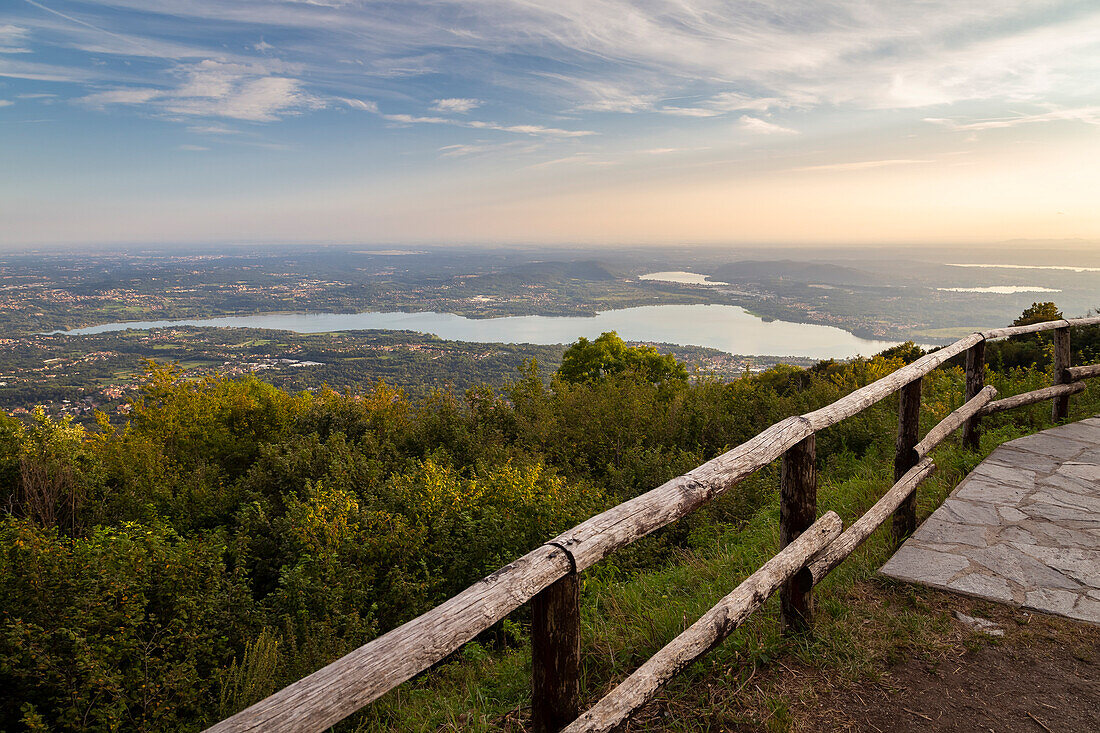 View of Varese Lake from the belvedere viewpoint at Campo dei Fiori at sunset. Campo dei Fiori, Varese, Parco Campo dei Fiori, Lombardy, Italy.