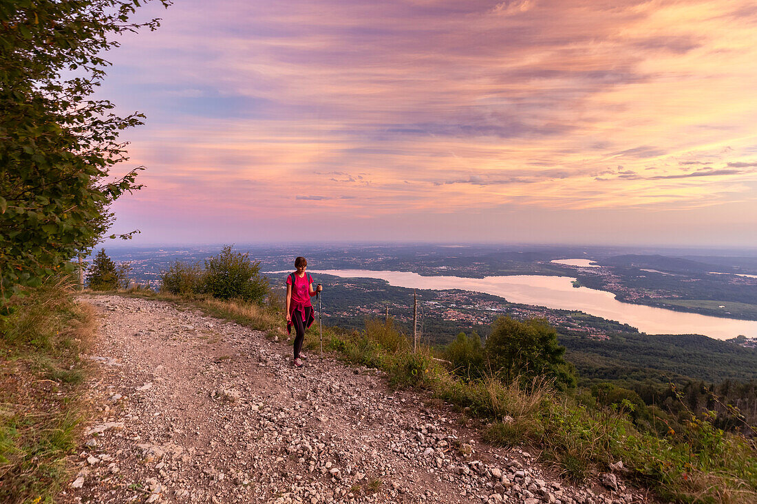 View of the trail to the viewpoint called Forte di Orino, a part of Linea Cadorna and Lake Varese. Campo dei Fiori, Varese, Parco Campo dei Fiori, Lombardy, Italy.