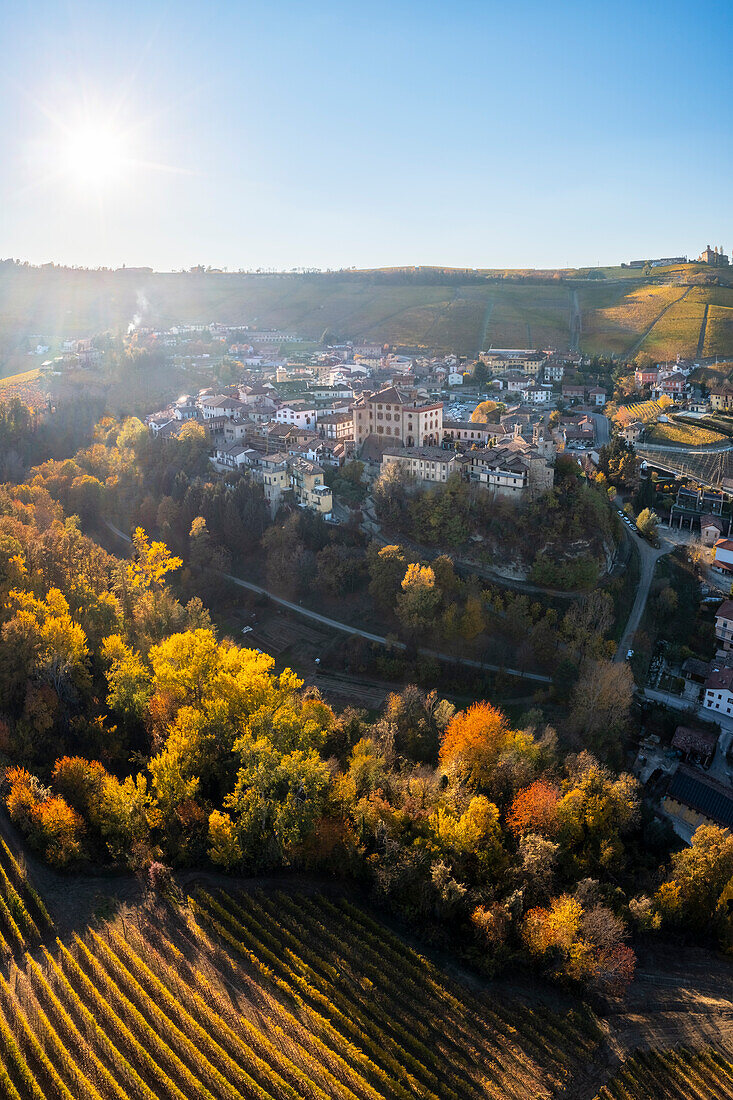 Aerial view of the typical town of Barolo and its castle Castello Falletti. Barolo, Barolo wine region, Langhe, Piedmont, Italy, Europe.