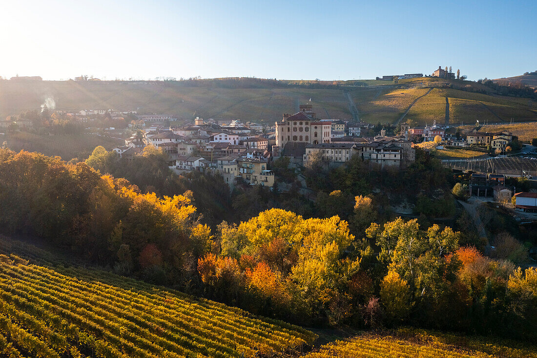 Aerial view of the typical town of Barolo and its castle Castello Falletti. Barolo, Barolo wine region, Langhe, Piedmont, Italy, Europe.