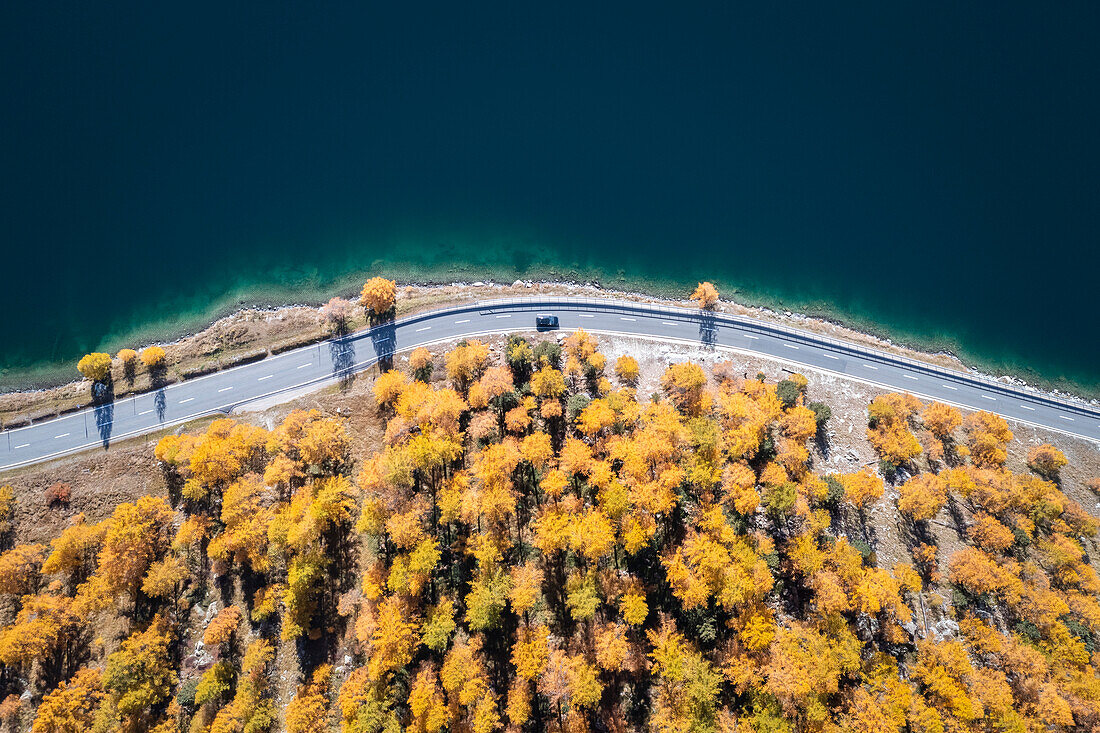 Luftaufnahme des Silser Sees und seiner Uferstrasse im Herbst. Sils im Engadin/Segl, Engadin, Schweiz, Kanton Graubünden.