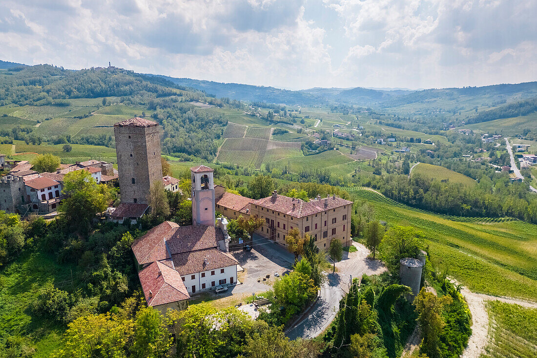 Aerial view of the Soriasco tower in Santa Maria della Versa. Cigognola, Oltrepo Pavese, Pavia district, Lombardy, Italy.