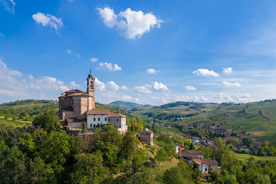 Aerial view of the Santuario della Passione or Santuario Santa Maria with the sacred mount. Torricella Verzate, Oltrepo Pavese, Pavia district, Lombardy, Italy.