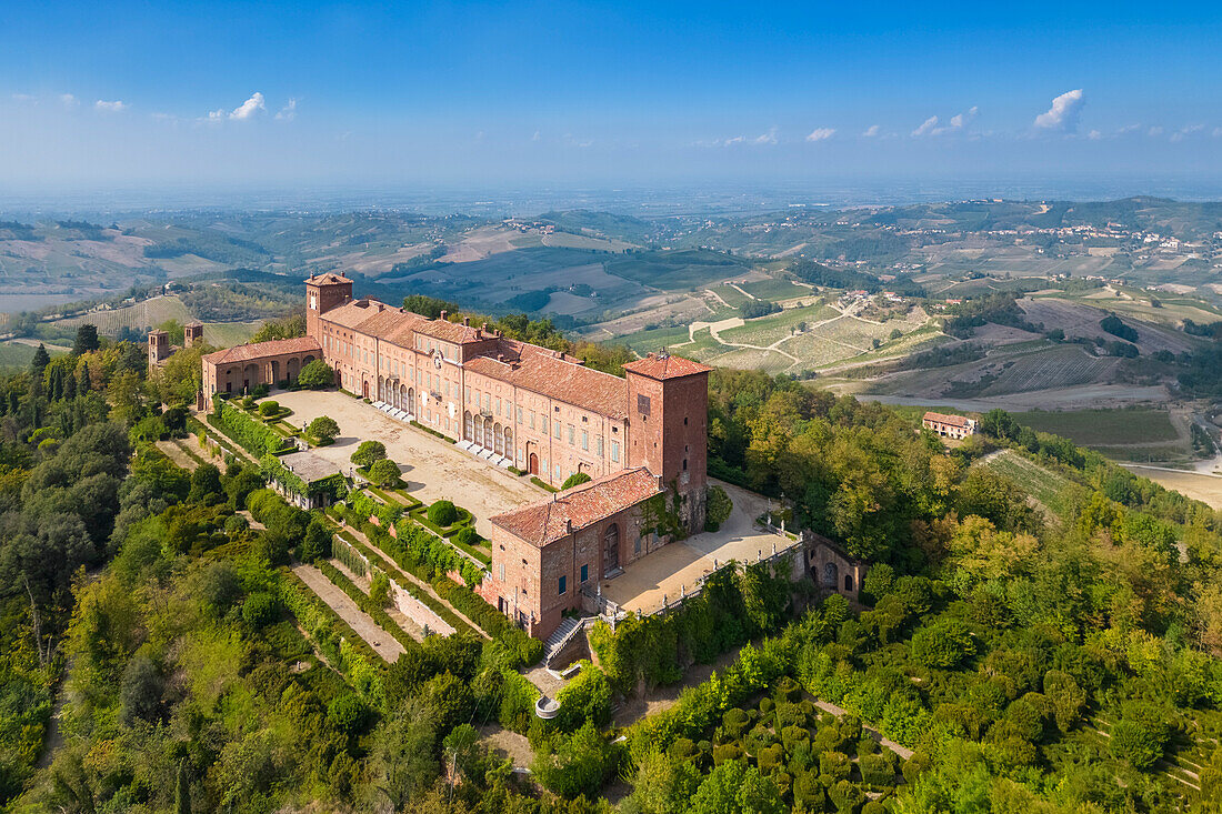 Aerial view of the Montalto castle on a hill overlooking all of Oltrepo Pavese. Montalto Pavese, Oltrepo Pavese, Pavia district, Lombardy, Italy.