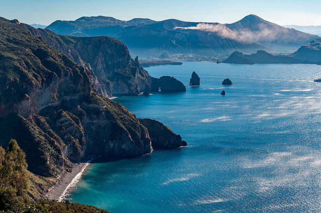 Quattrocchi viewpoint (Belvedere), Lipari, Eolie Island,(Vulcano Island on background with fumarole), Sicily,Italy, Europe