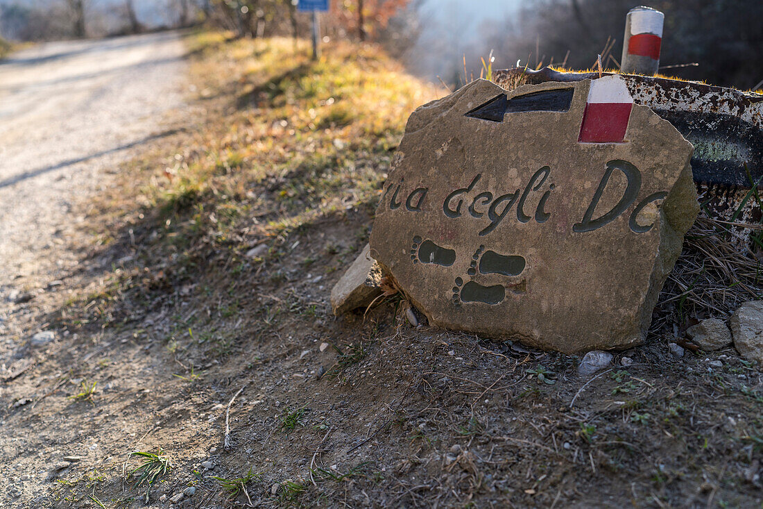 A sign of the Way of Gods. Badolo, Sasso Marconi, Metropolitan city of Bologna, Emilia Romagna, Italy, Europe.