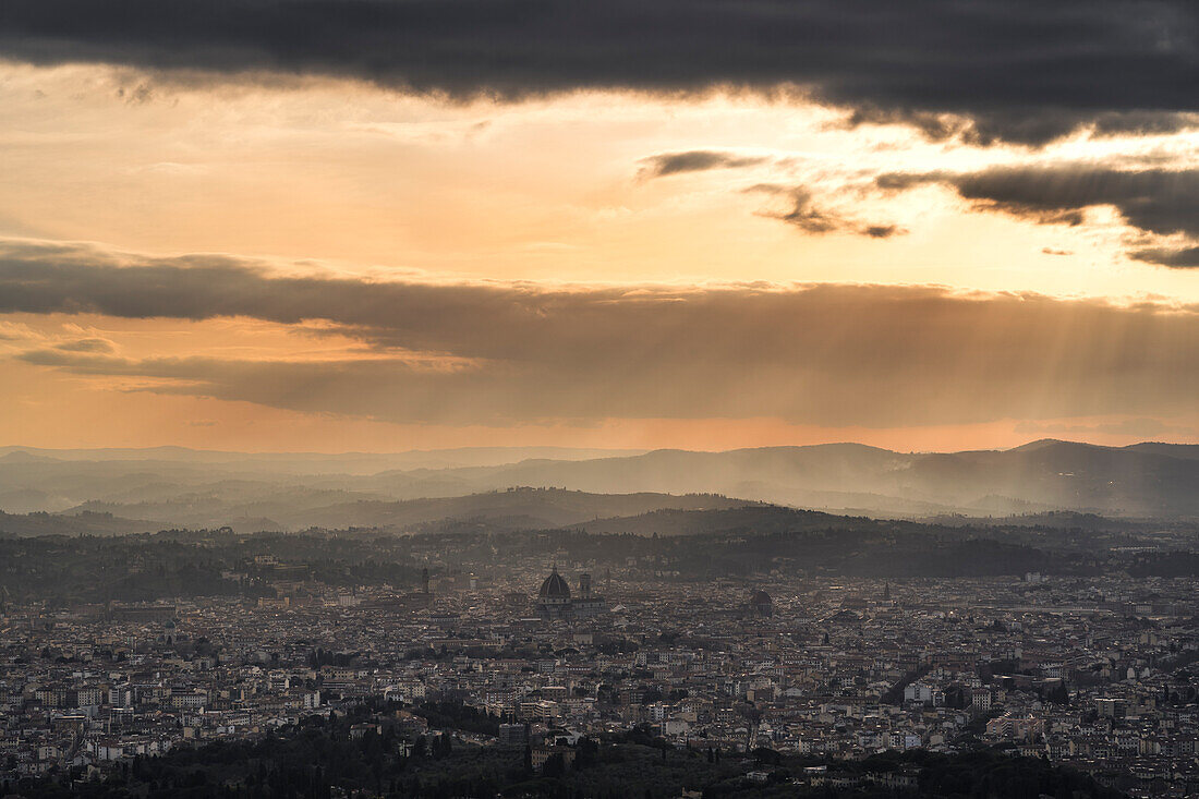 The city of Florence from the Path of Gods. Florence, metropolitan city of Florence, Tuscany, Italy, Europe.