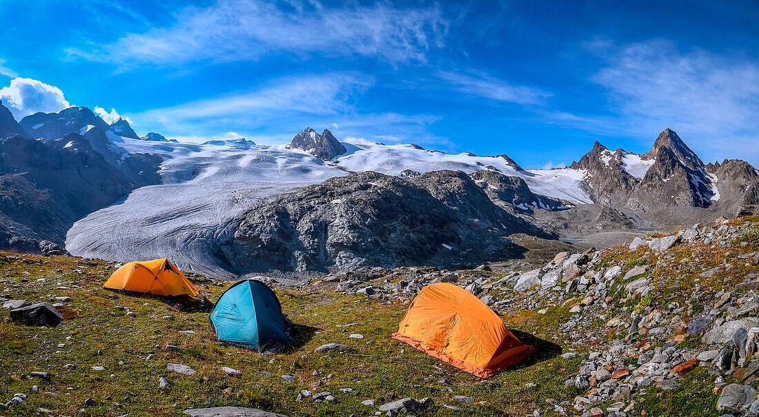Tents camping close to Rutor (Ruitor) glacier, (Rutor, Vedette on background),La Thuile valley, Aosta Valley, Italy, Europe