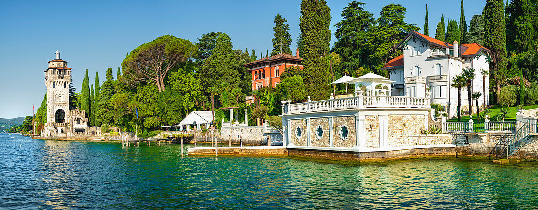 Gardone Riviera, panoramic image with S. Marco Tower and luxurious hotels, Lago di Garda, Gardone Riviera, Brescia province, Lombardia, Italia
