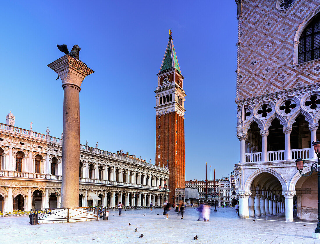 Piazza S.Marco with Bell Tower of S.Marco, Ducal palace, S.Marco column's, in sunrise with tourists, Venezia, Venice, Veneto, Italy, South Europe