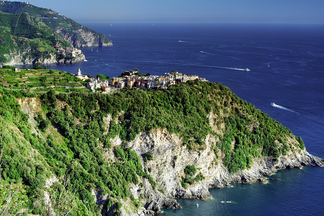 Panorama von Corniglia vom blauen Weg aus, Manarola, Corniglia, La Spezia, Cinque Terre, Italien, Europa, Südeuropa