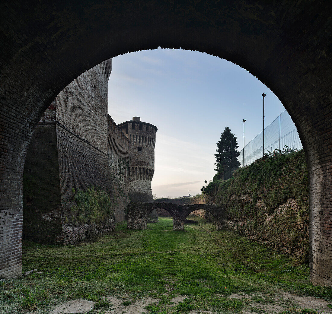 circolar tower of the Soncino Castle, view from under the side access bridge of the castle, Soncino, province of Cremona, Italy, north Italy, Europe, south Europe