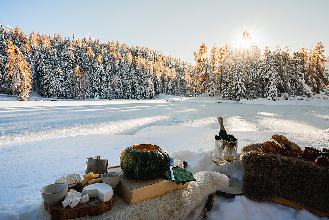 Winter Picnic in Engadin, Canton of Graubunden, Switzerland, Europe