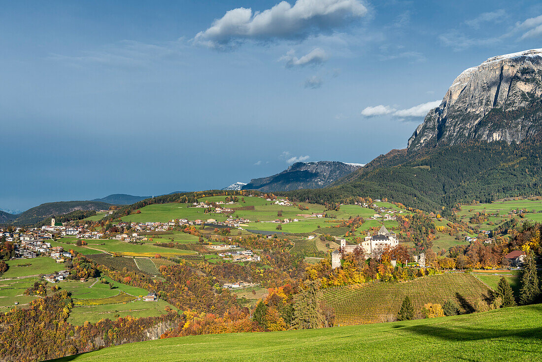 Fie, South Tyrol, Italy. Castel Presule and the village of Fie/Voels