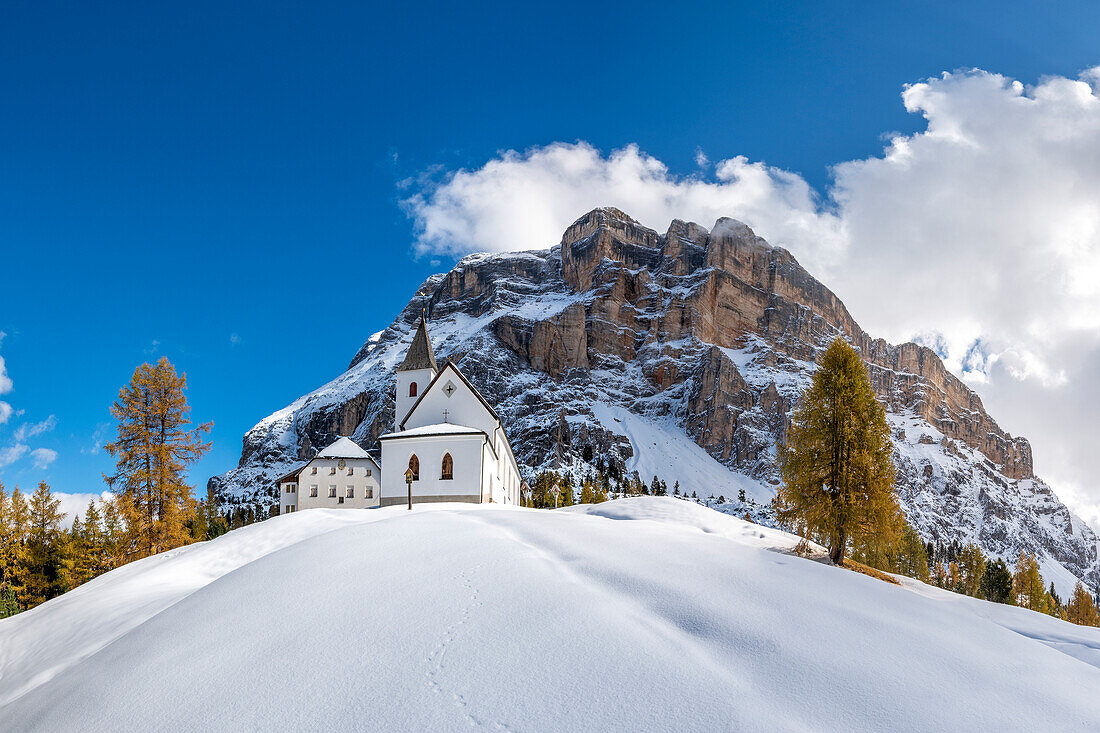 Alta Badia, Bolzano province, South Tyrol, Italy, Europe. The pilgrimage church La Crusc and the la Crusc mountain