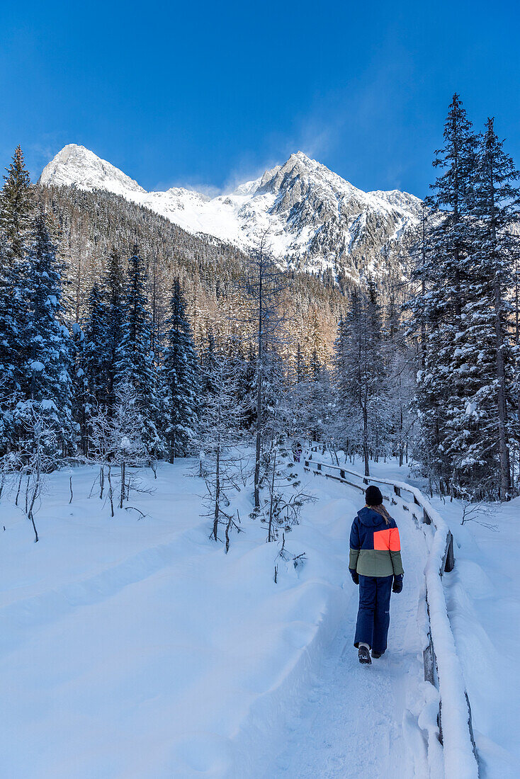 Anterselva / Antholz, province of Bolzano, South Tyrol, Italy. Hiking on the nature trail near the lake Anterselva