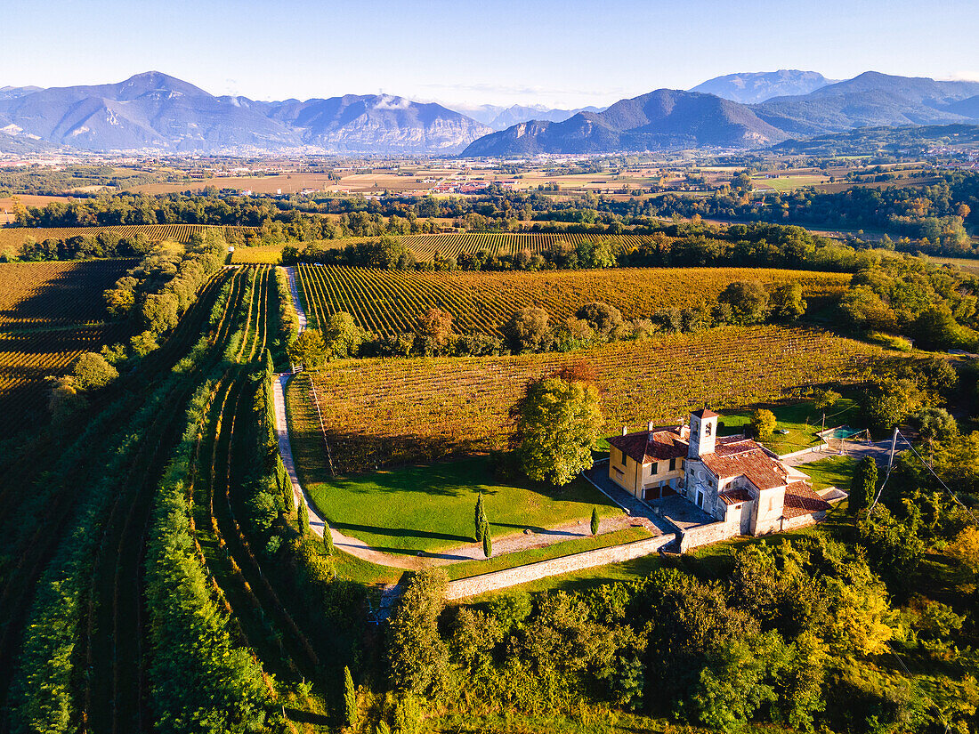 Aerial view of Franciacorta in autumn season, Brescia province, Lombardy district, Italy.