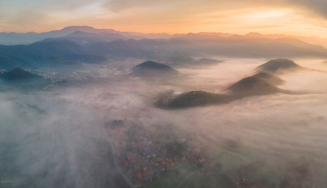 Aerial view of Franciacorta during a Sunrise, Lombardy district, Brescia province, Italy, Europe.