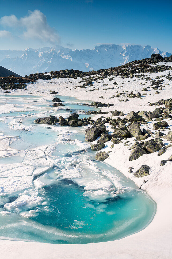 Alpine lakes at thaw in winter season, Brescia province in Lombardy district, Italy, Europe.