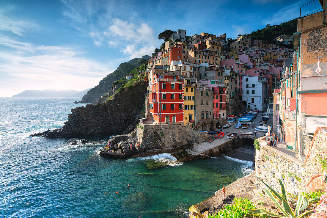 Riomaggiore at sunset, Cinque terre natural park in Liguria, Italy, Europe.