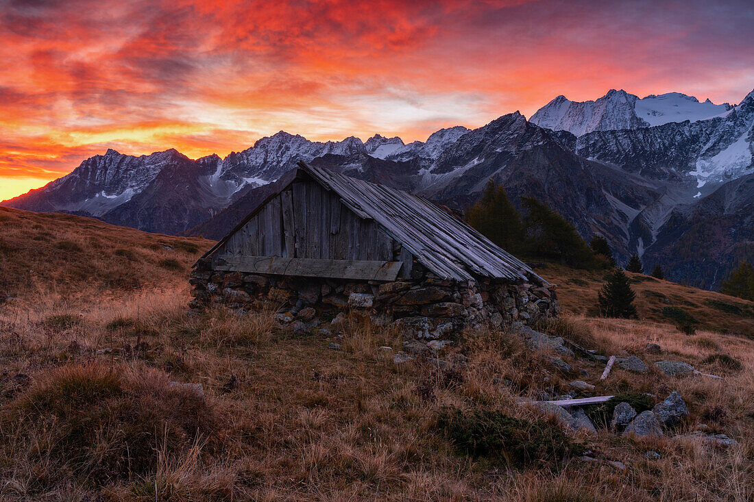Sunrise in Tonale pass in autumn season, Trentino alto Adige, Italy, Europe.