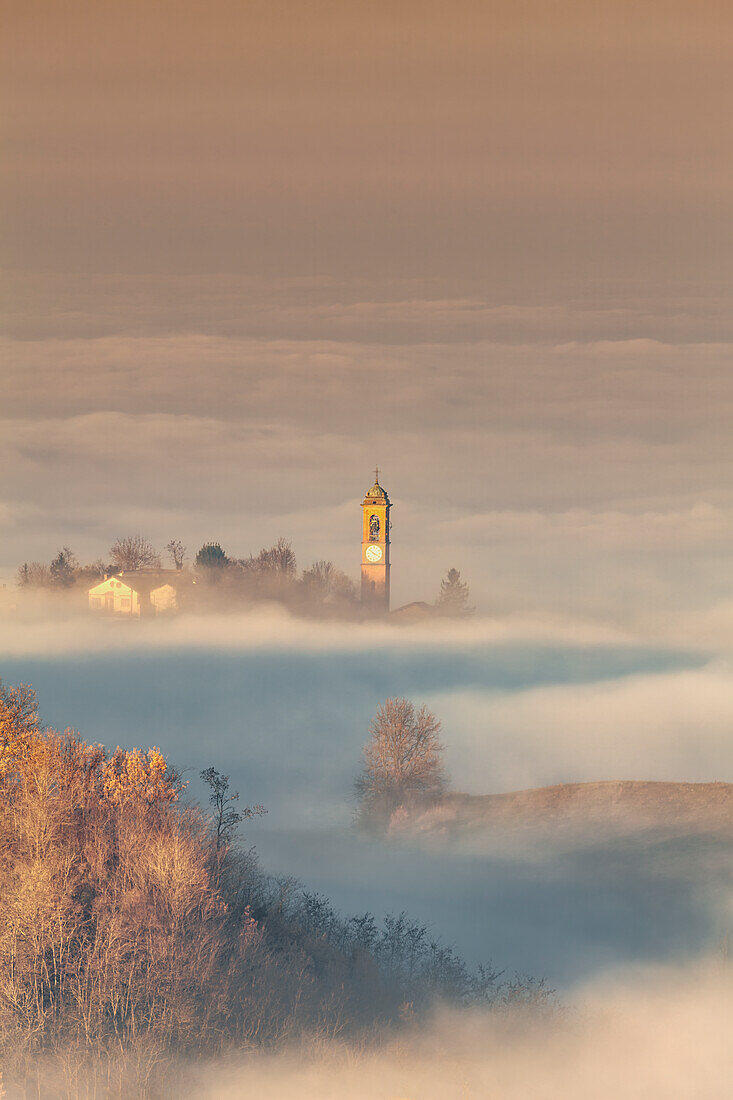 View of Alessandria hills with fog, Alessandria province, Piedmont, Italy, Europe.