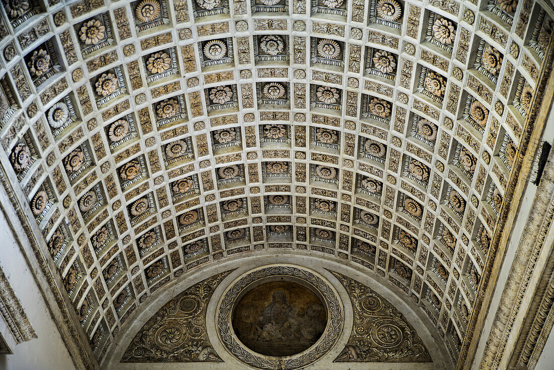 Basilica of S. Andrea, details of the arches of the main facade, called "ombrellone" Mantova, Lombardia, north Italy, south Europe