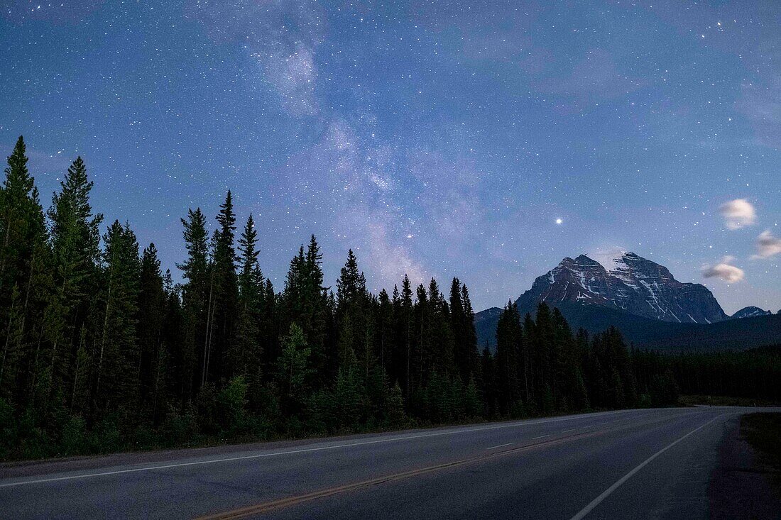 Milchstraße vom Straßenrand aus; Nordamerika, Kanada, Alberta, Icefields Parkway, Banff National Park