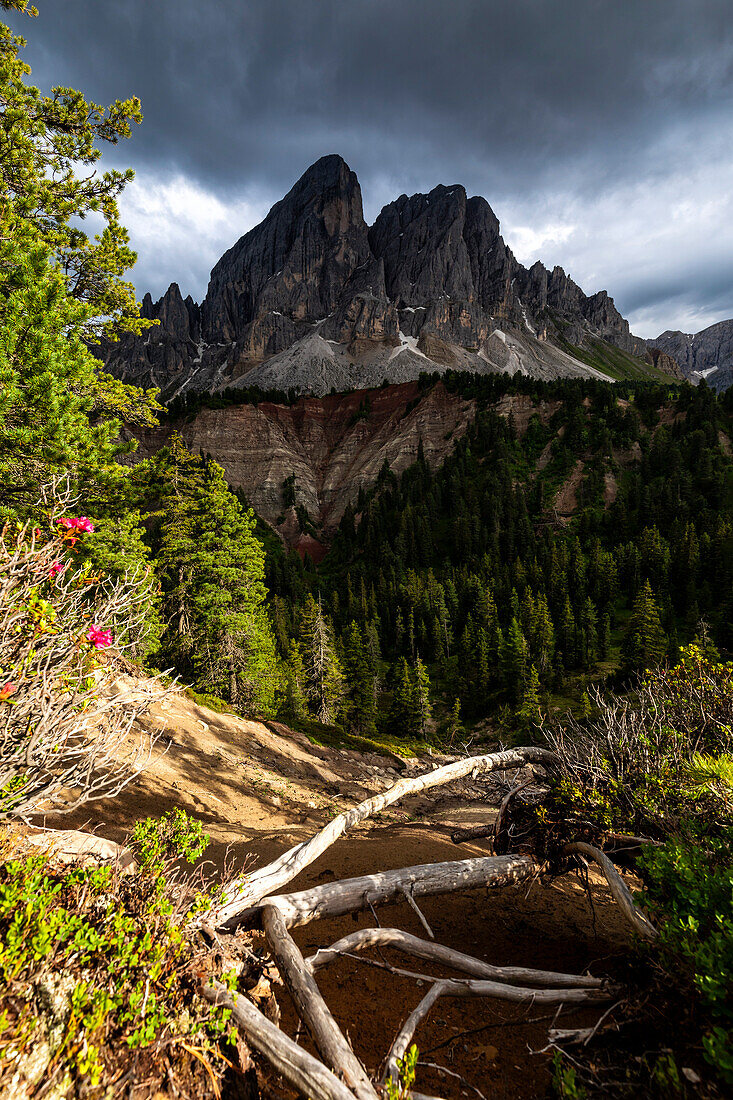 Storm clouds over Sass de Putia. Passo delle Erbe, Trentino Alto Adige, Italy, Europe.