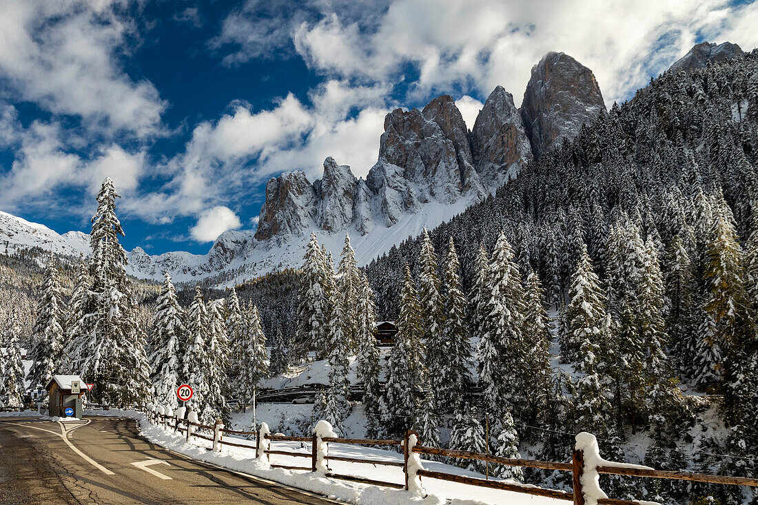 Park entrance, Puez Odle Nature Park. Val di Funes, Trentino Alto Adige, Italy, Europe.