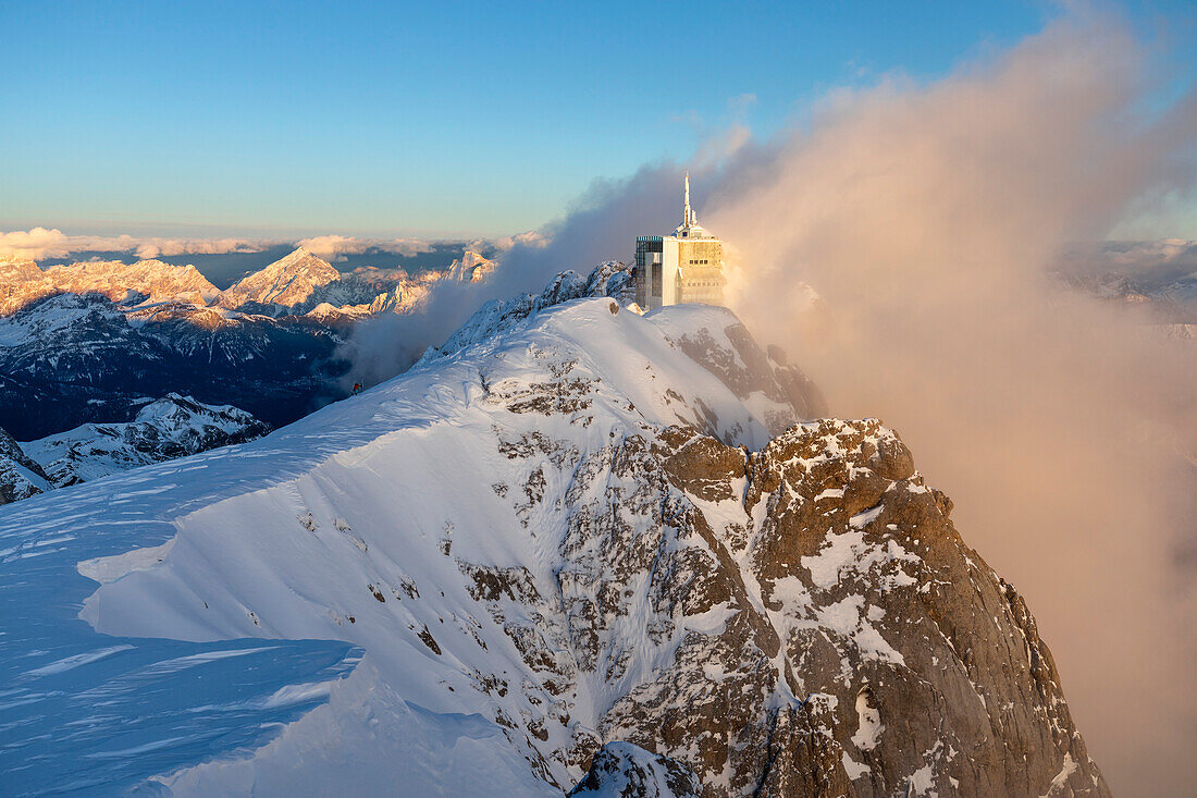 Punta Rocca cable way at sunset. Marmolada, Veneto, Italy, Europe.