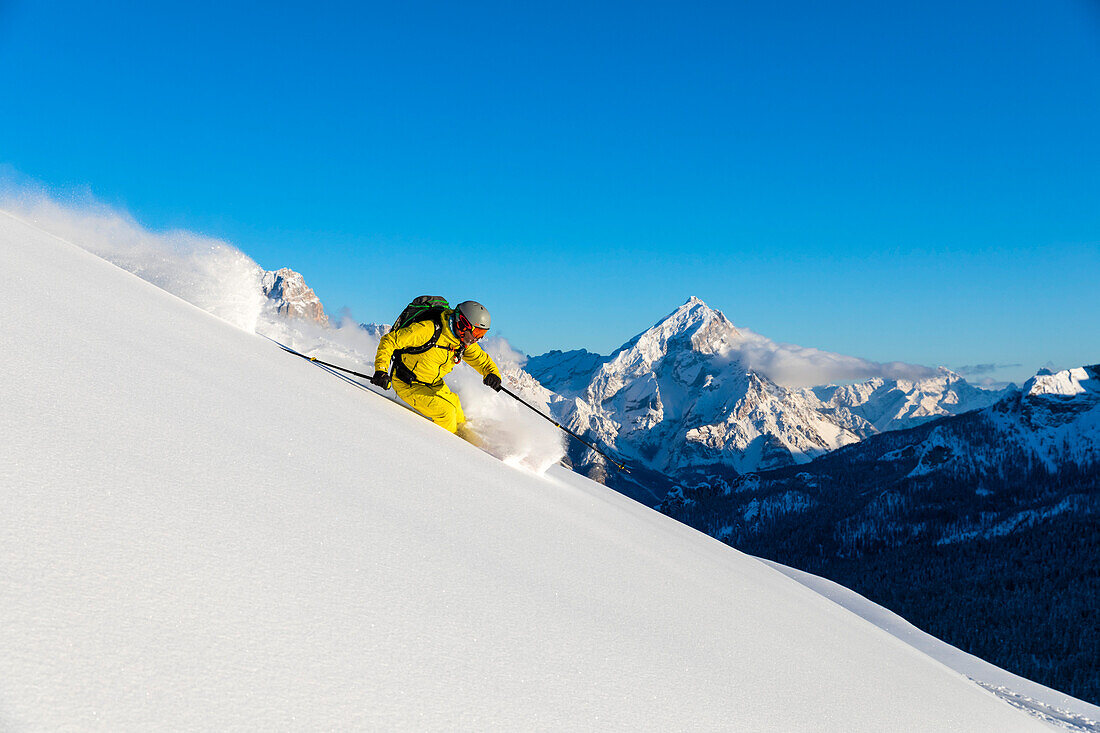 Freeride skiing at Falzarego Pass. Cortina d'Ampezzo, Veneto, Italy.