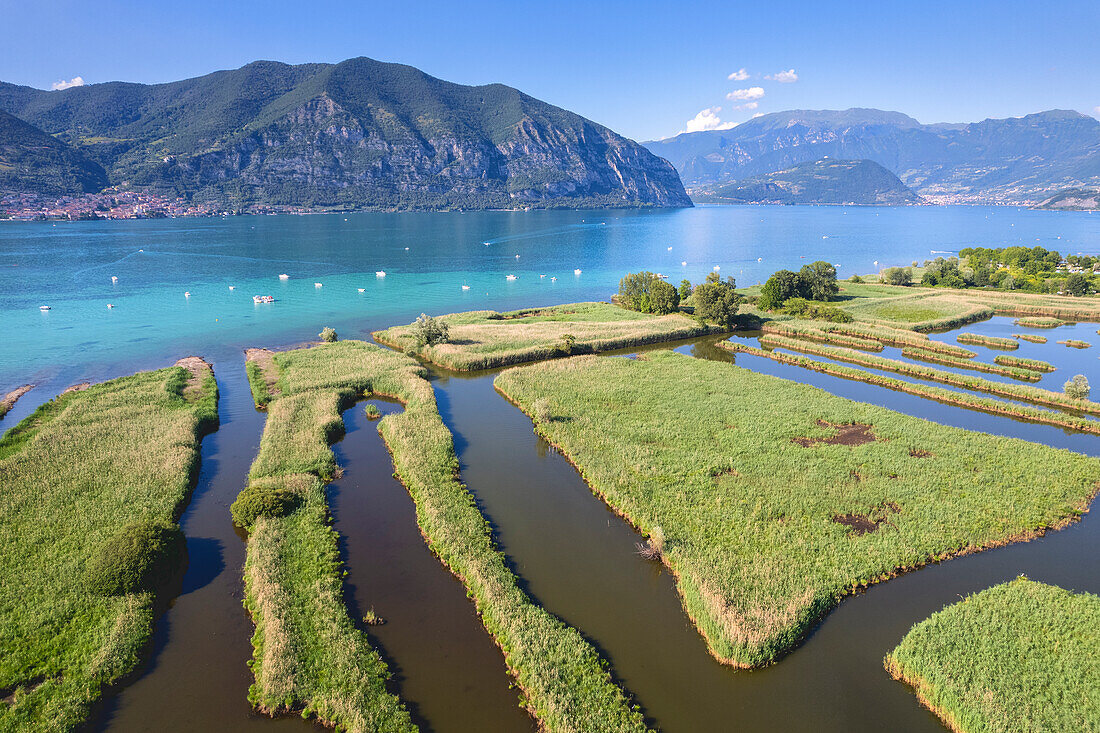 Iseo lake aerial view in summer days, Brescia province in Lombardy district, Italy, Europe.